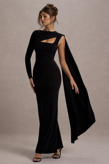 Ashini Black One-Sleeve Maxi Dress With Cape